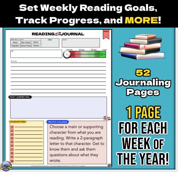 Reading Response Journal with 52 Unique Reading Challenges for Middle School