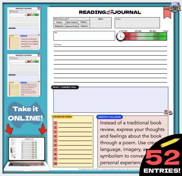 Reading Response Journal with 52 Unique Reading Challenges for Middle School