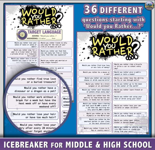 Would You Rather Questions - First Day of School Activity Icebreaker Handout