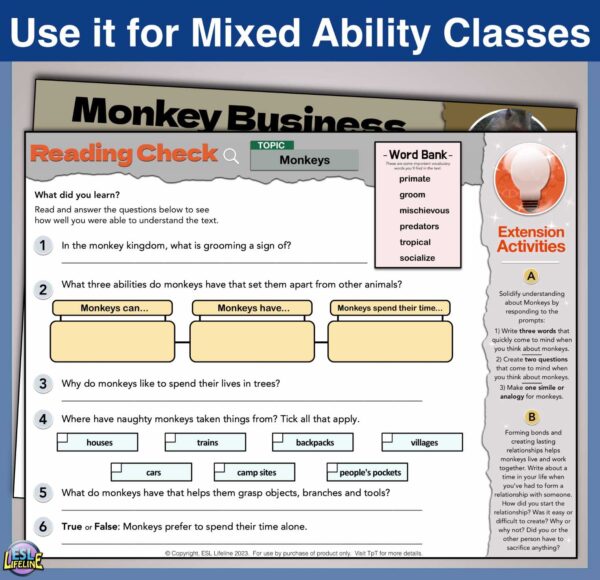 ESL Close Reading Comprehension on Monkeys - Emerging Readers Informational Text