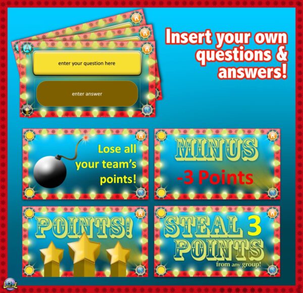 Review Game on PowerPoint with Customizable Text, Clickable Navigation & Points