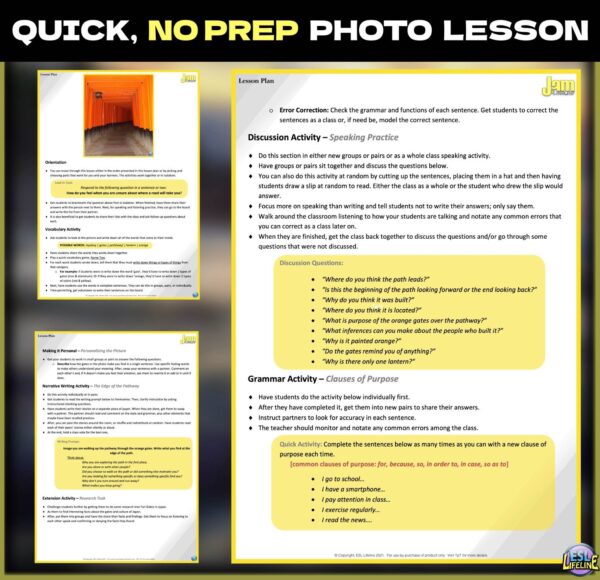 No Prep Fast Finisher Photo Lesson with Discussions and Tasks for ESL/ELL