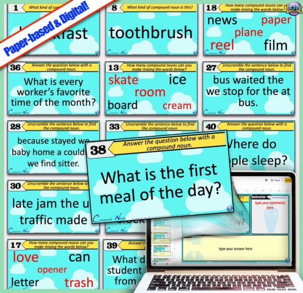 Compound Nouns Digital & Printable Task Cards with Activities and Exercises