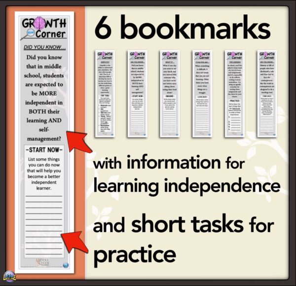 Middle School Transition Preparation Bookmarks with Growth Mindset Tasks