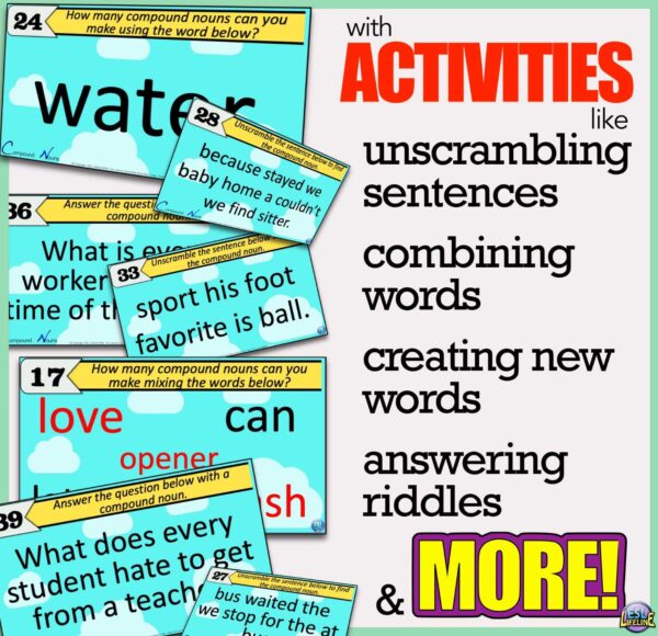 Compound Nouns Digital & Printable Task Cards with Activities and Exercises