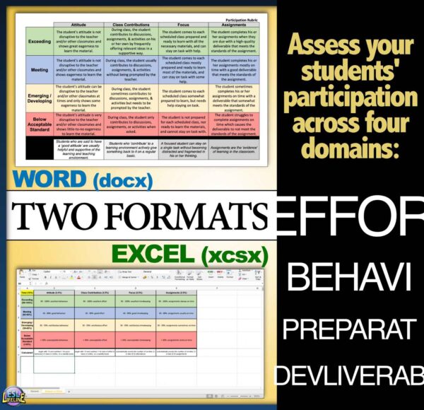 Participation Rubric for Assessing Class Effort, Behavior, Preparation EDITABLE