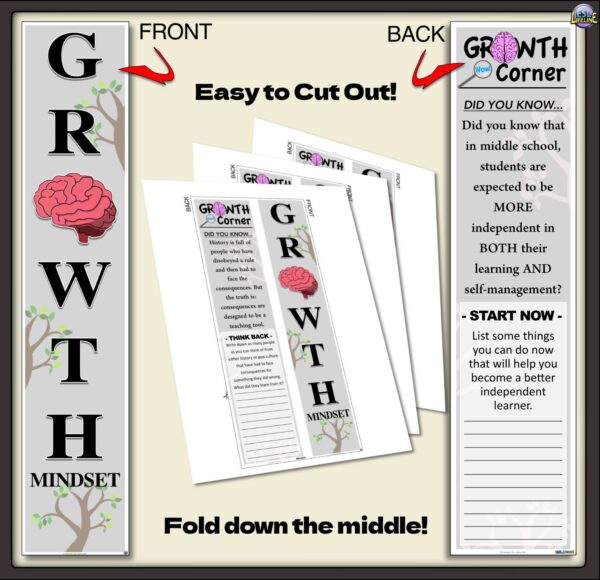 Middle School Transition Preparation Bookmarks with Growth Mindset Tasks