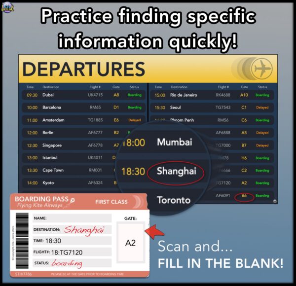 Departure Board Scanning Skills Worksheet, Scan Quickly for Specific Information