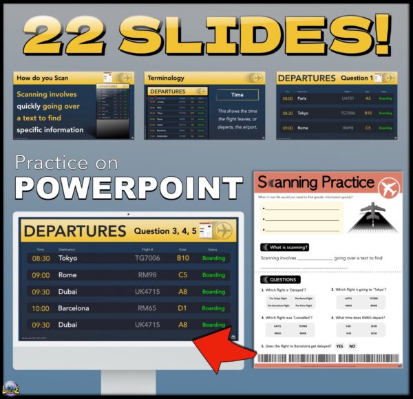 Departure Board Scanning Skills Worksheet, Scan Quickly for Specific Information