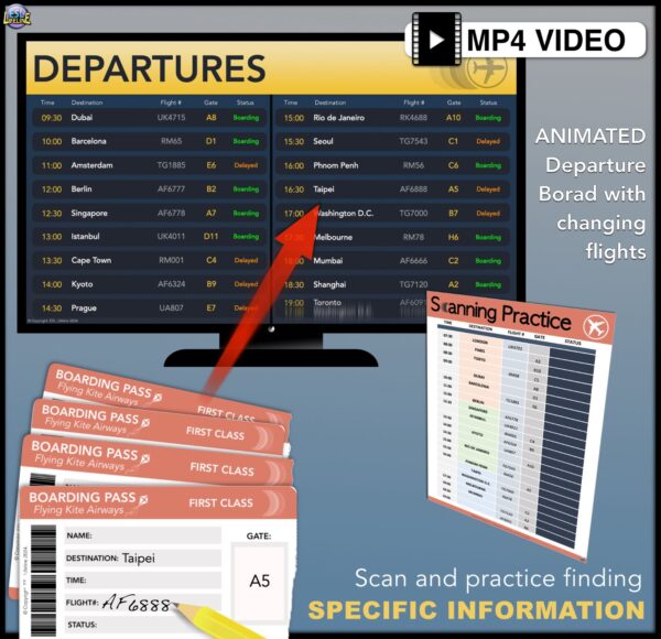 Departure Board Scanning Skills Worksheet, Scan Quickly for Specific Information