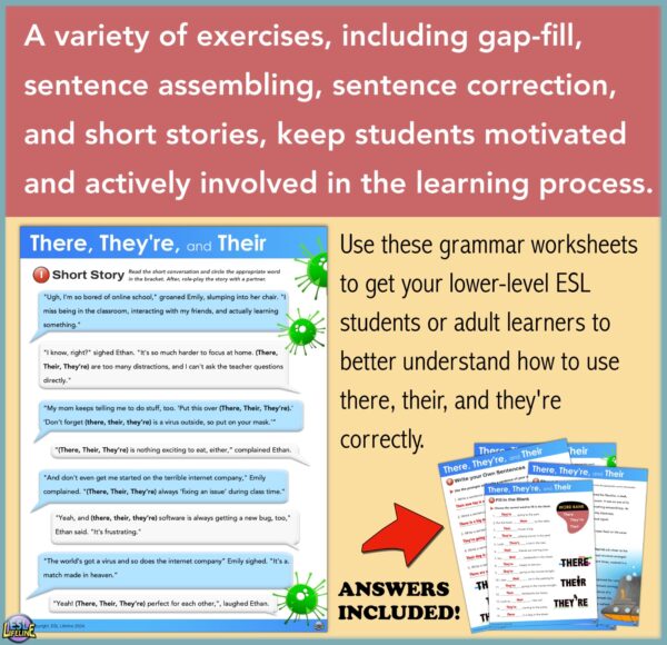 There, Their, and They're Homophones Grammar Practice Worksheets & Exercises