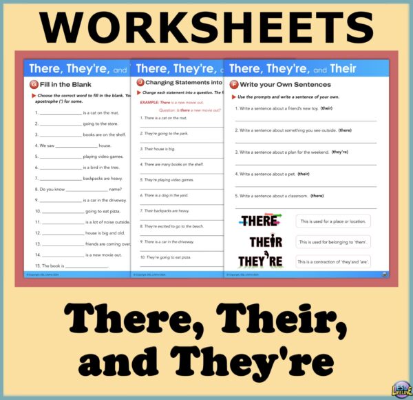 There, Their, and They're Homophones Grammar Practice Worksheets & Exercises