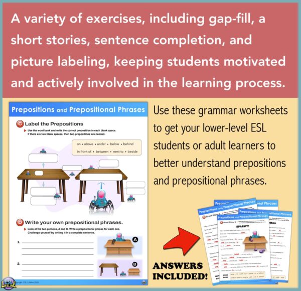 Prepositions & Prepositional Phrases ESL Grammar Practice Worksheets & Exercises - Image 2